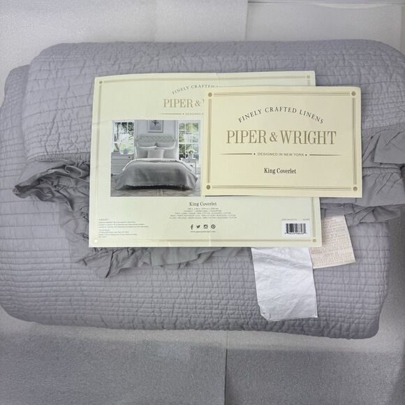 Piper & Wright KING Hadley Silver Ruffled Quilt Coverlet - Picture 1 of 7